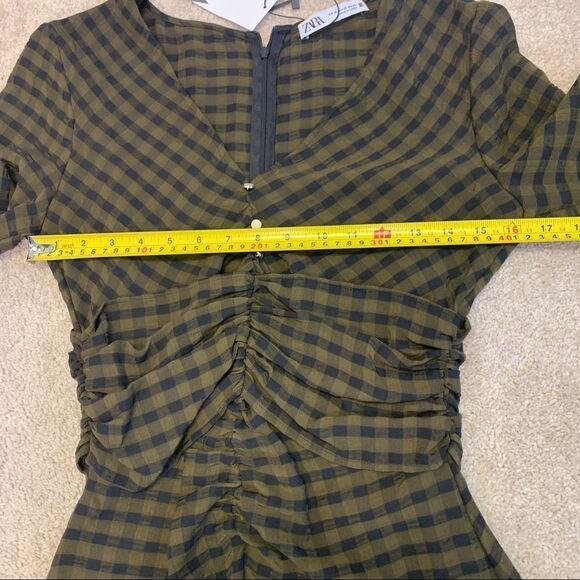 Zara Black brown check draped long sleeve V-neck dress Sz XS NWT New with tag - Picture 6 of 10